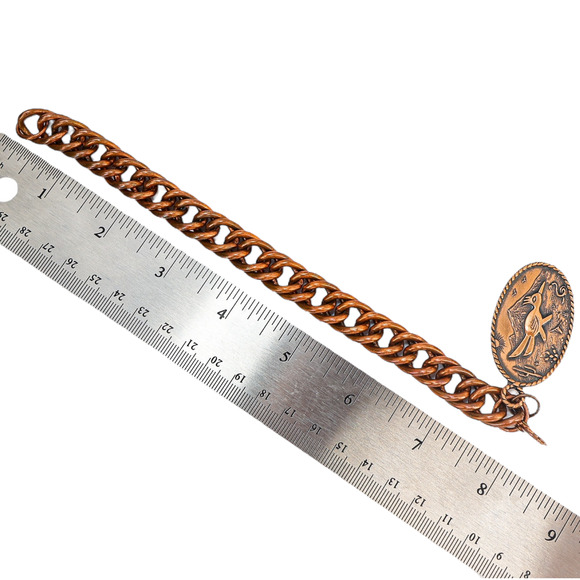 Vintage Solid Copper Curb Chain Bracelet With Bell Trading Post Roadrunner Charm - Picture 9 of 12